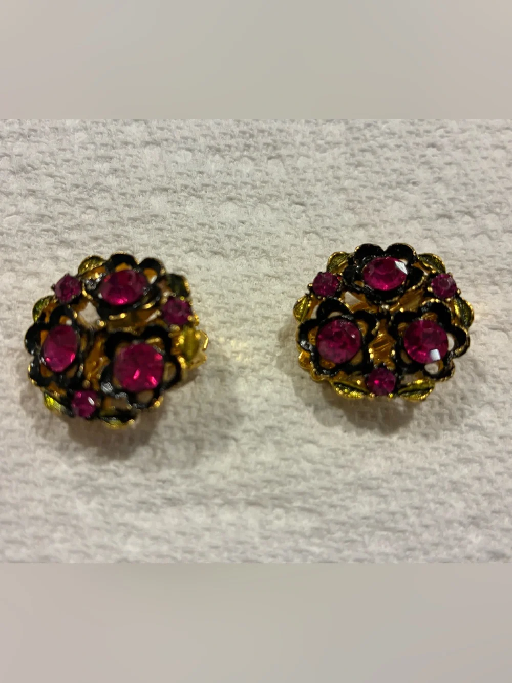 Gold-Tone Floral Clip Earrings with Fuchsia Stones women’s clip on earrings